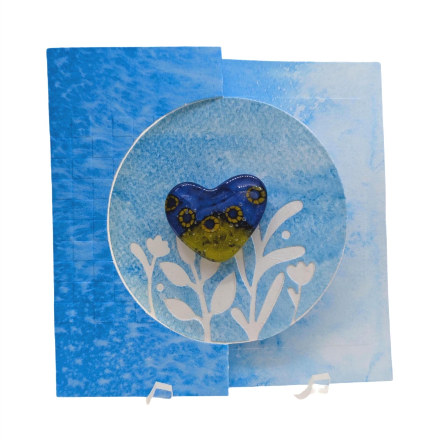 Handmade Greeting Card with Keepsake Fused Glass Heart Magnet (Blue/Yellow)
