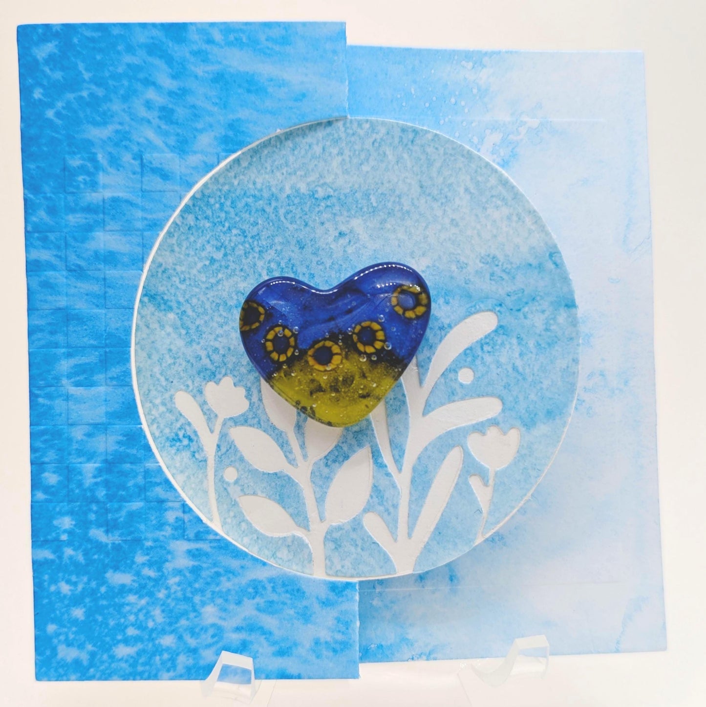 Handmade Greeting Card with Keepsake Fused Glass Heart Magnet (Blue/Yellow)