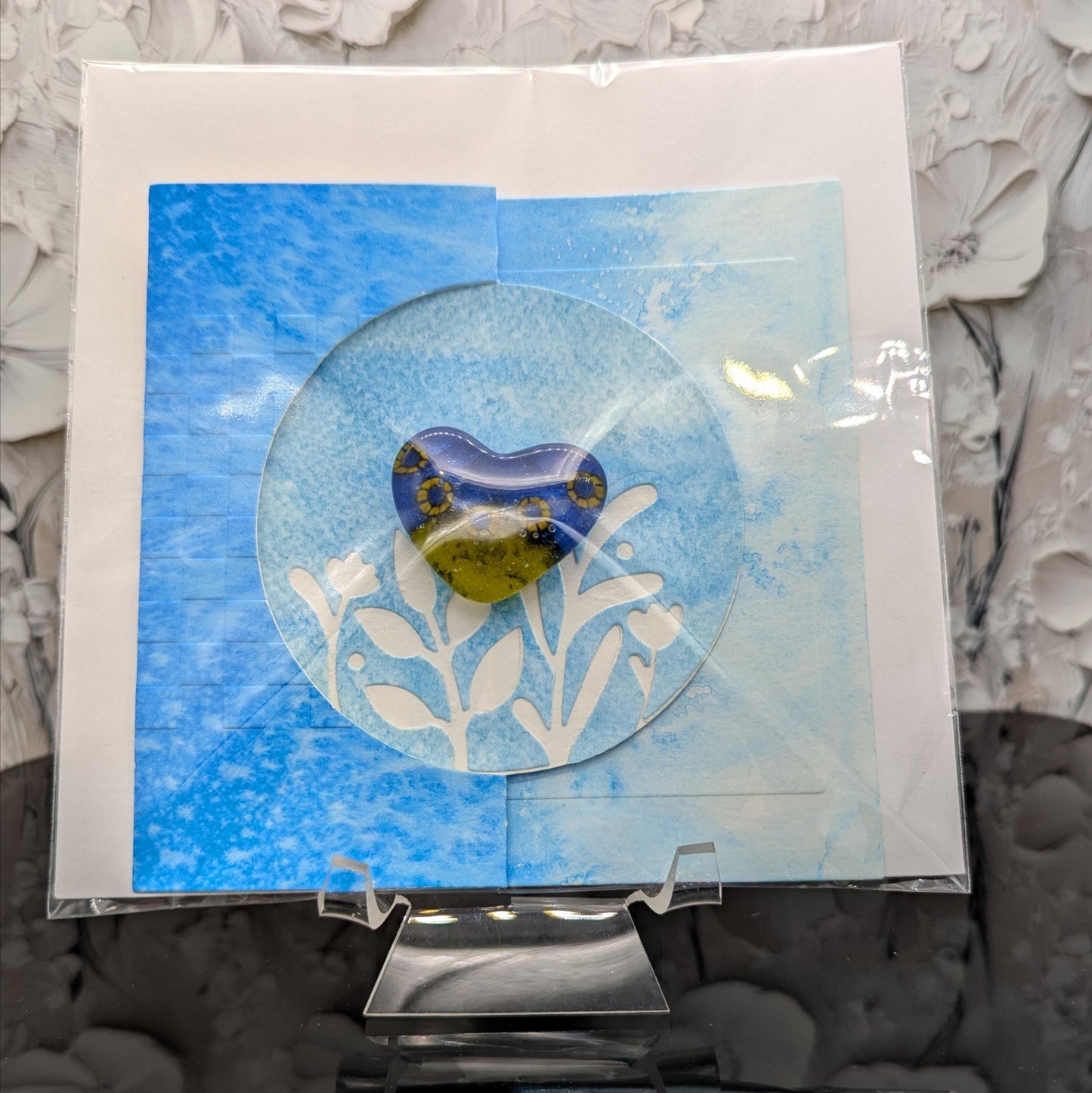 Handmade Greeting Card with Keepsake Fused Glass Heart Magnet (Blue/Yellow)