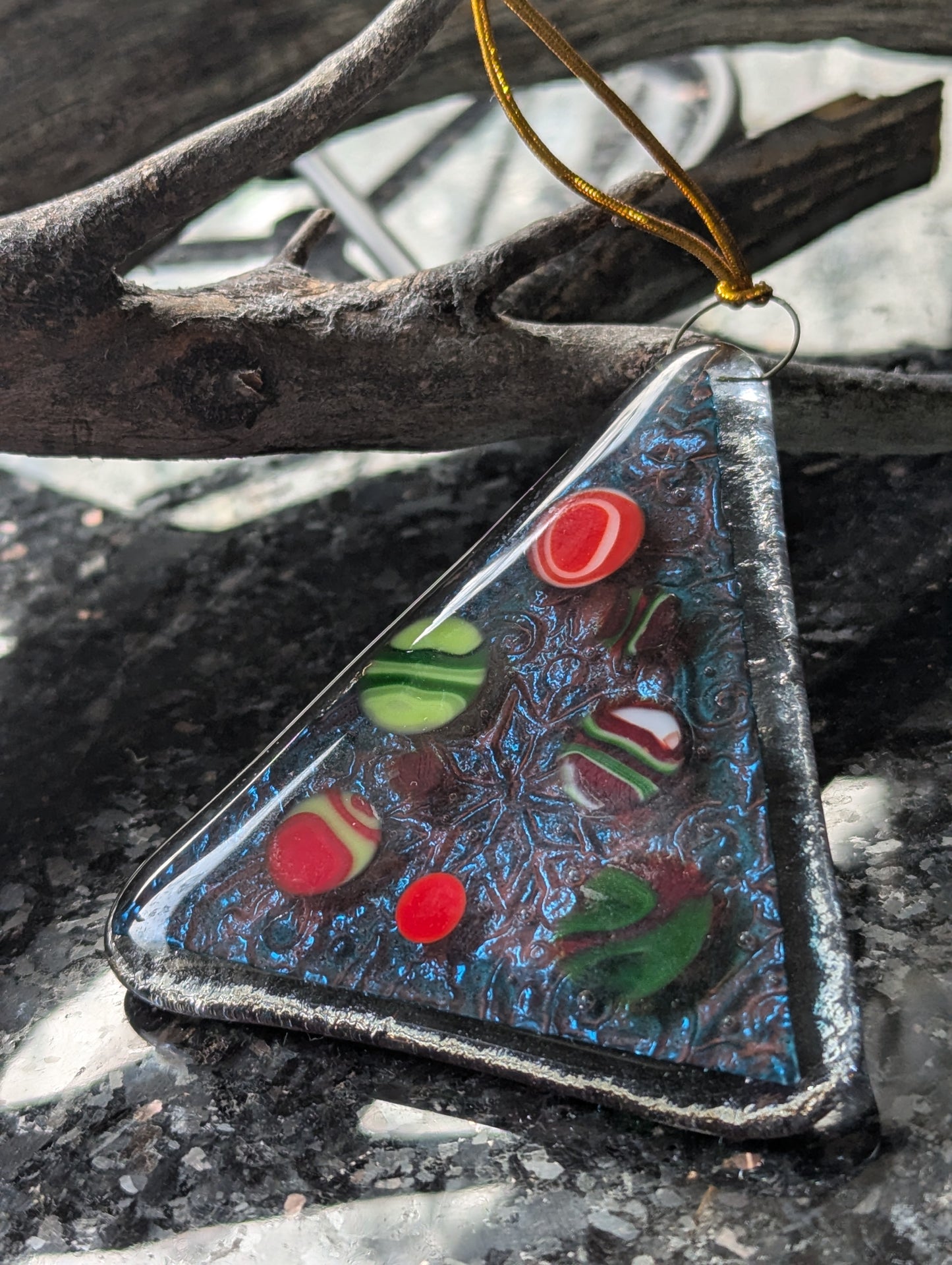 Tree Ornament, dark copper with red/green swirled dots