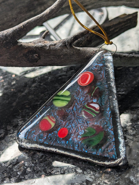 Tree Ornament, dark copper with red/green swirled dots