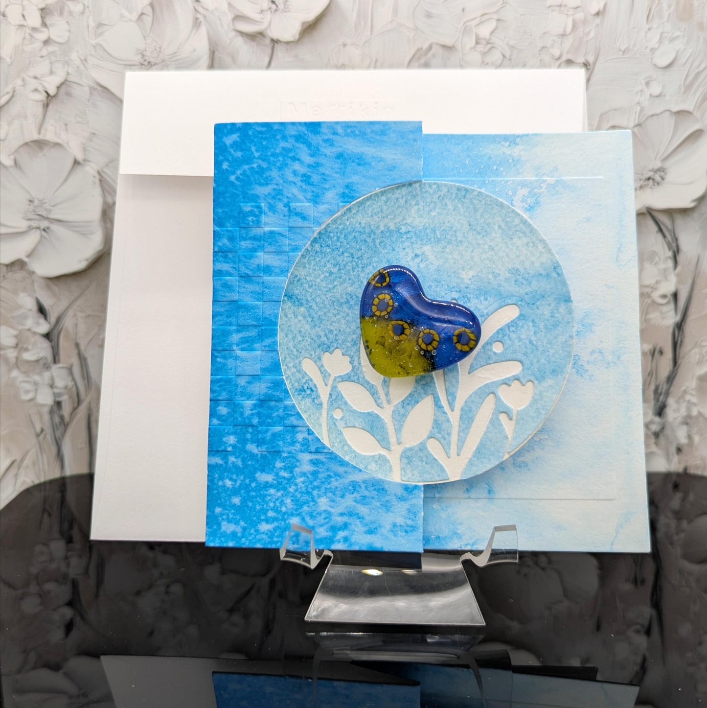 Handmade Greeting Card with Keepsake Fused Glass Heart Magnet (Blue/Yellow)